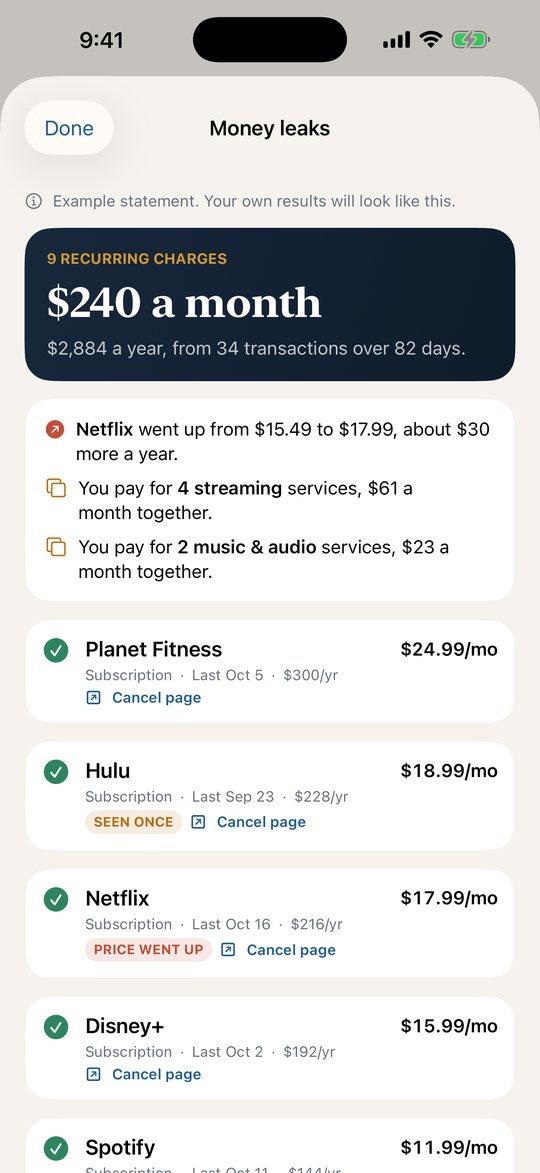 Money-leak finder: nine recurring charges, a Netflix price increase and overlapping streaming services.